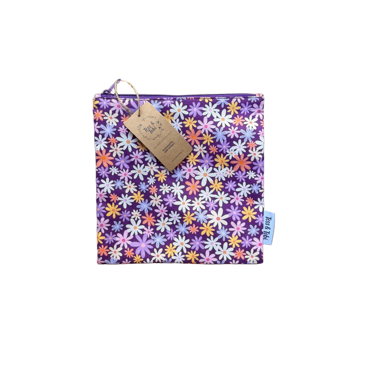 Wasbaar boterhamzakje - Bloemen Paars - 20 x 20 cm